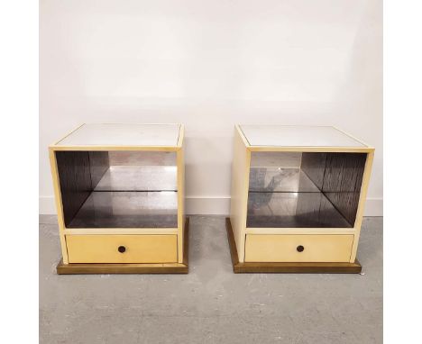 A PAIR OF JULIAN CHICHESTER SIDE TABLES. Faux vellum with mirrored top and shelf 62cm H x 55cm W x 48cm D (2).