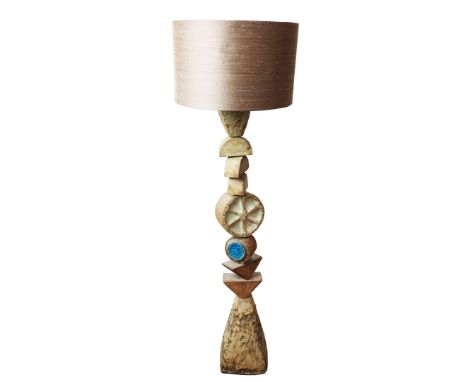 BERNARD ROOKE STUDIO TOTEM FLOOR-STANDING LAMP. (d) made from geometrical studio pottery sections, some with blue glass inset