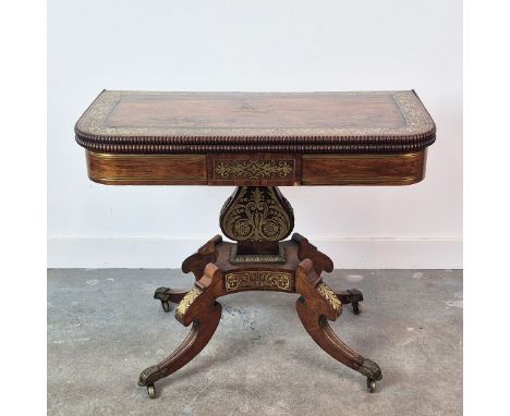 REGENCY CARD TABLE. rosewood, ebony and brass inlaid with green baize playing surface, 74cm H x 91cm x 44cm D.
