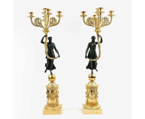CANDELABRA, A PAIR, REGENCY STYLE FIGURAL DESIGN. each five branch, 71cm H approx. (2).