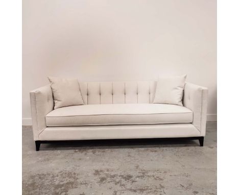 SOFA, NEUTRAL FABRIC UPHOLSTERED. buttoned detail to back, 210cm x 90cm x 78cm.