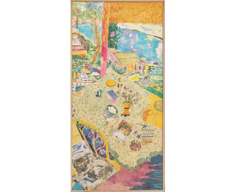PIERRE BONNARD. In the manner of. INTERIOR SCENE WITH SEA VIEW. lithograph on silk, 242cm x 117cm, framed.