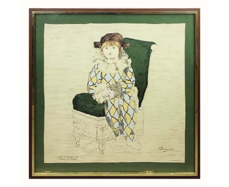 PABLO PICASSO. After. PAUL AS HALEQUIN. on silk, printed by Spadem, 92cm x 93cm, framed.
