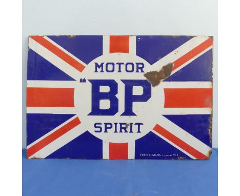 A vintage BP double-sided enamel advertising sign, 'Motor BP spirit', signed 'Franco Signs, London', dents and enamel loss in