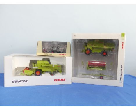 Three CLAAS farm boxed Scale Models comprising: A Norev 1:32 CLAAS Senator combine harvester, A USK 1:32 Dominator 85 limited