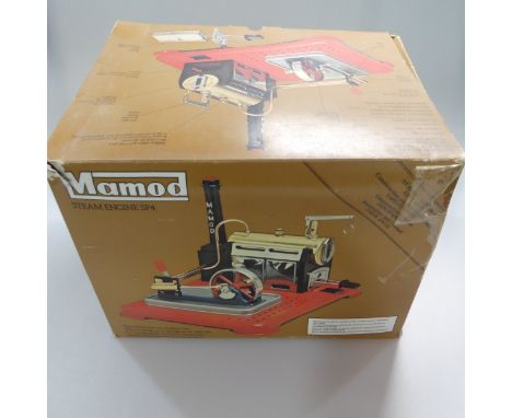 Mamod SP4 Stationary Steam Engine, with Flywheel attachment, burner and tablets, in original box, and a Mamod WS1 Workshop, b
