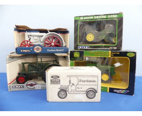 Five ERTL diecast scale models comprising: a Britains ERTL 1:32 John Deere 7020 4WD Tractor (EU specification), a ERTL 1:32 J