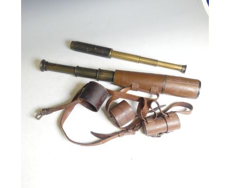 A British Army Issue three draw brass Telescope, complete with its brown leather covering and end cups, stamped 'TEL. SIG. MK