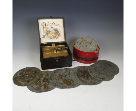 Polyphon: a late 19th century table-top Polyphon, contained stained walnut case, with monochrome ‘Polyphon’ print to the lid 