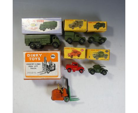 Dinky Toys: four Military Vehicles, 622 10-Ton Army Truck, 641 Army 1-Ton Cargo Truck, 670 Armoured Car, and 673 Scout Car, t
