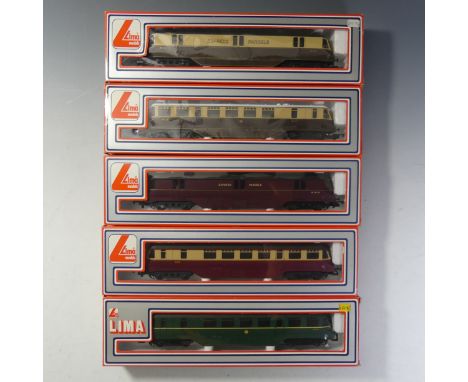 Lima: Five "00" gauge Diesel Railcars, 205132&nbsp;GWR Diesel Railcar No. 22 brown/cream, 205133 Diesel Railcar W22 maroon/cr