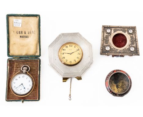 A SILVER MOUNTED OAK CLOCK AND THREE FURTHER ITEMS (4)The octagonal fronted clock with engine turned decoration, the gilt dia