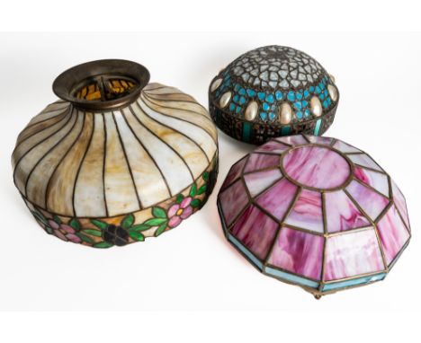 THREE STAINED GLASS HANGING LIGHT SHADES (3)20th Century
Comprising a large marbled glass shade with floral border, 53cm diam