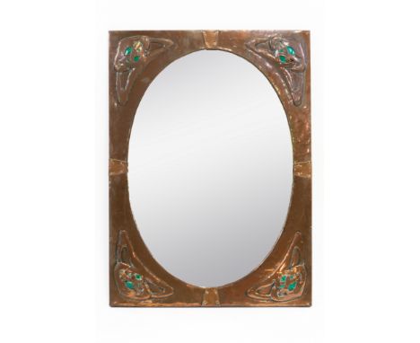 IN THE MANNER OF LIBERTY & CO; AN ARTS & CRAFTS COPPER FRAMED WALL MIRRORWith enamelled decoration and oval mirror plate, 56c