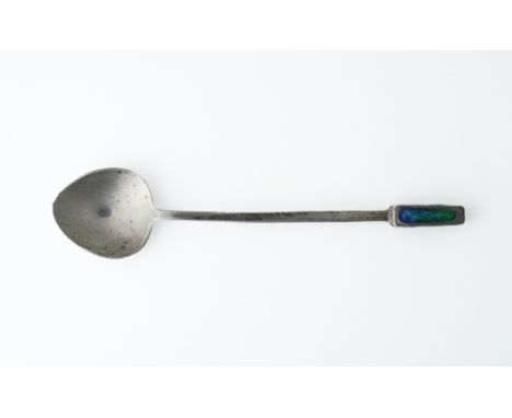 A SILVER AND ENAMELLED SPOONWith a tapered four sided stem and blue/green enamelled finial, Birmingham 1905, maker William Ha