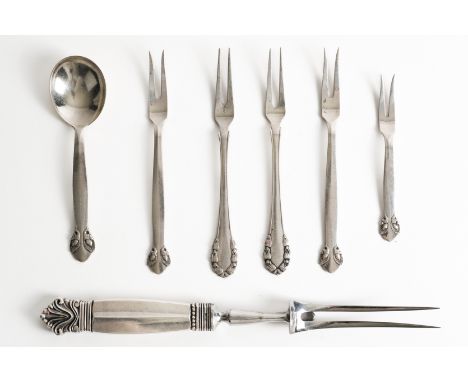 SEVEN ITEMS OF GEORG JENSEN SILVER AND SILVER MOUNTED FLATWARE (7)Comprising; a Bittersweet pattern preserve spoon, a Bitters