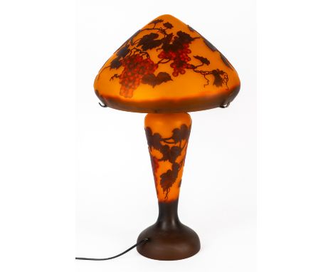 A GALLE STYLE CAMEO GLASS LAMP AND SHADEModern
The orange ground overlaid and acid etched with branches laden with fruit, pse