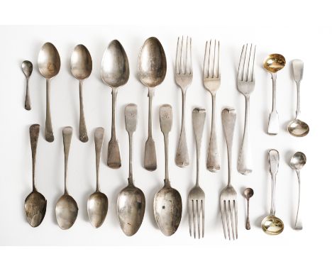 A GROUP OF SILVER TABLE FLATWARE (20)Comprising; five Victorian Old English pattern dessert forks, mixed dates, four fiddle p