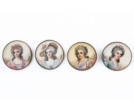 A SET OF FOUR MINATURE BUTTONS (4)Each depicting a different lady, each signed Lucas, in gilt metal, boxed in an Edwards and 