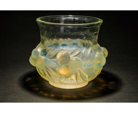 `PRUNES'. A LALIQUE CLEAR, OPALESCENT AND BLUE STAINED GLASS VASEDesigned in 1930
Engraved R.Lalique France, 18cm highShallow