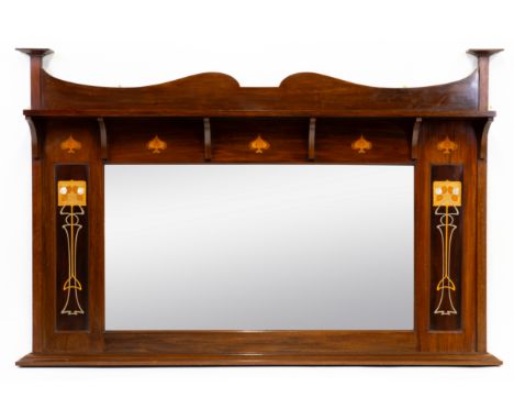 AN ART NOVEAU MARQUETRY INLAID MAHOGANY OVERMANTEL MIRRORWith bevelled rectangular plate, 156cm wide; 110cm highProvenance: T