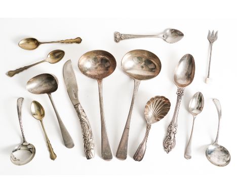 A GROUP OF SILVER TABLE FLATWARE (14)Comprising; a fiddle, thread and shell pattern caddy spoon, having a scallop form bowl, 