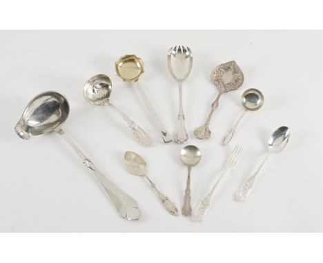 A GROUP OF PLATED FLATWARE (10)Comprising; a ladle with Art Nouveau floral decoration, detailed Oxford Silver Plate Co, a chr