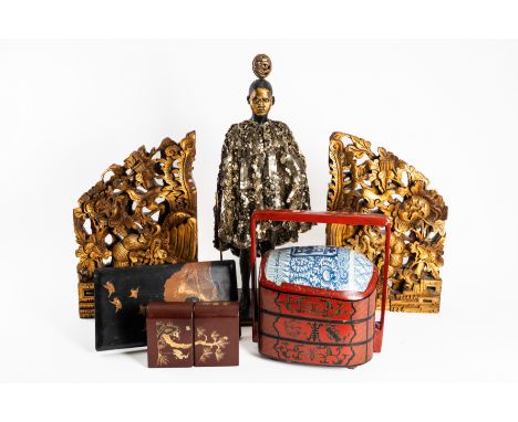 A PAIR OF SOUTH-EAST ASIAN RELIEF CARVED GILTWOOD WALL BRACKETS AND OTHER ITEMS (7)20th Century 
Depicting dragons each with 