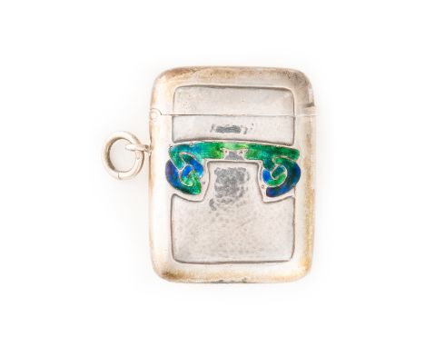 A SILVER AND ENAMELLED VESTA CASEOf rectangular form, in an Art Nouveau design, with blue/green enamelled and martele decorat