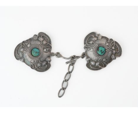 A LIBERTY AND CO SILVER TURQUOISE MATRIX TWO PIECE ART NOUVEAU CLOAK CLASPEach section of cast triangular shaped form, decora