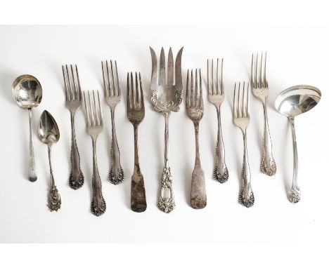 A GROUP OF STERLING ART NOUVEAU FLATWARE (12)Comprising; a set of six dessert forks, with bead edged decoration and floral te