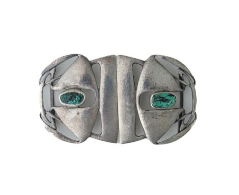 A LIBERTY AND CO SILVER AND TURQUOISE MATRIX TWO PIECE WAISTBELT BUCKLEDesigned by Archibald Knox. Cast and pierced in an Art