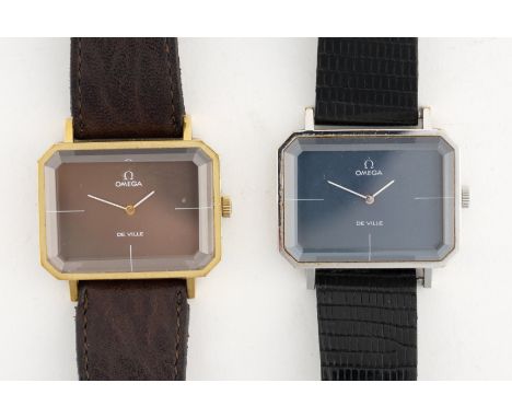 OMEGA DE VILLE: TWO MANUAL WIND GENTLEMAN'S WRISTWATCHES (2)Circa 1970s. Comprising; a stainless steel example with a blue di