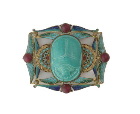 PIEL FRERES; A GILT METAL ENAMELLED AND CERAMIC WAISTBELT BUCKLECentred by a turquoise glazed ceramic scarab beetle, otherwis