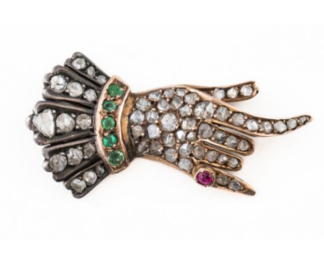 A 19TH CENTURY DIAMOND, RUBY AND EMERALD HANDSet with rose cut diamonds, with an emerald set 'bracelet' and ruby set 'ring', 