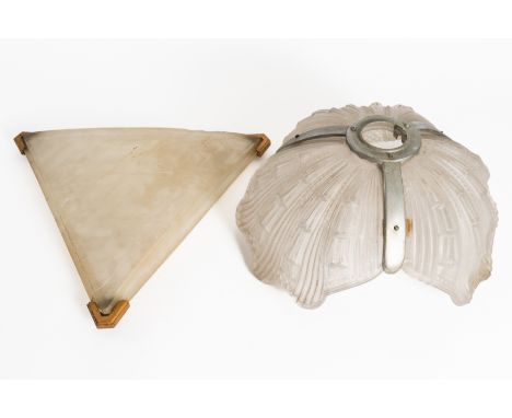 AN ART DECO FROSTED AND MOULDED GLASS HANGING LIGHT (2)Circa 1930
With chrome-plated mounts, three leaves moulded in relief, 