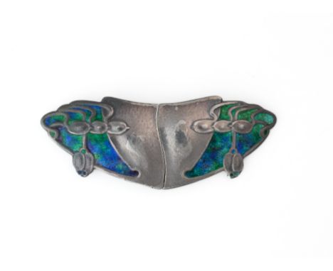 A LIBERTY AND CO SILVER AND ENAMELLED ART NOUVEAU TWO PIECE WAISTBELT BUCKLEDesigned by Archibald Knox. Decorated with styliz