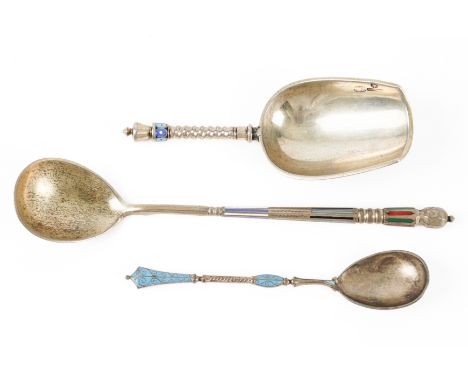 THREE ENAMELLED SPOONS (3)Comprising; a Russian caddy spoon, with polychrome decoration and spiral stem, length 10.7cm, beari