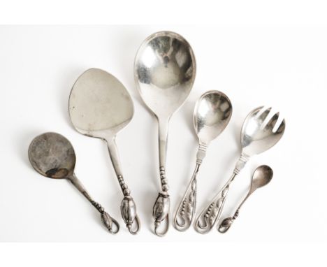 SIX ITEMS OF GEORG JENSEN SILVER FLATWARE (6)Comprising; Blossom pattern, a large spoon, import mark London 1931, a serving s