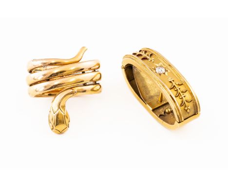 TWO VICTORIAN SCARF RINGS (2)One fixed ring in the form of a coiled snake, in unmarked yellow gold, weight 5.1 grams, the oth