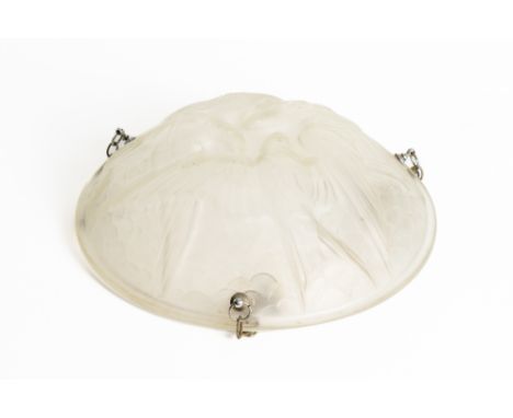 AN ART DECO FROSTED AND MOULDED GLASS HANGING DISH LIGHTCirca 1930
Modelled as three swallows in relief, with chrome-plated m