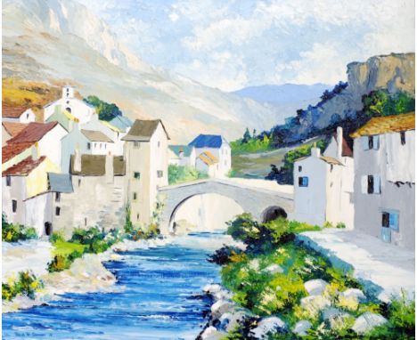 PATRICK R. DONOVAN (Twentieth Century)  OIL ON BOARD  Italian landscape with river, village bridge and mountains in backgroun