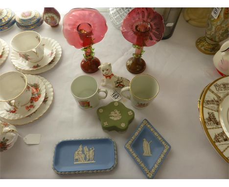 PAIR OF ART NOUVEAU CRANBERRY GLASS POSY HOLDERS and a collection of china including Arcadian Cheshire cat, Scarborough crest