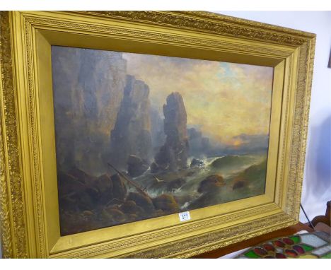 H K HULK? OIL ON CANVAS Sunset Cornwall rocky coastal scene with wreck in foreground, inscribed to reverse, 50cms x 75cms, in