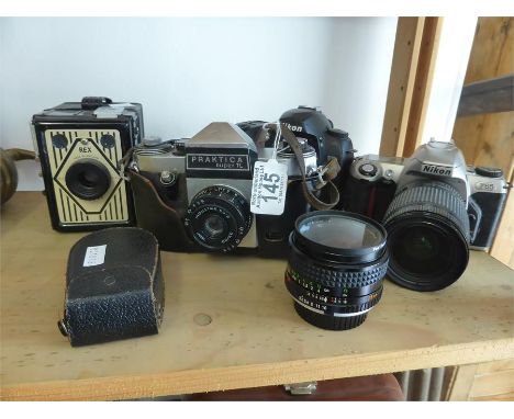 COLLECTION OF VINTAGE AND LATER CAMERAS comprising Praktica Super TL, Rex box camera, Nikon F65, Nikon D70S, light meter and 