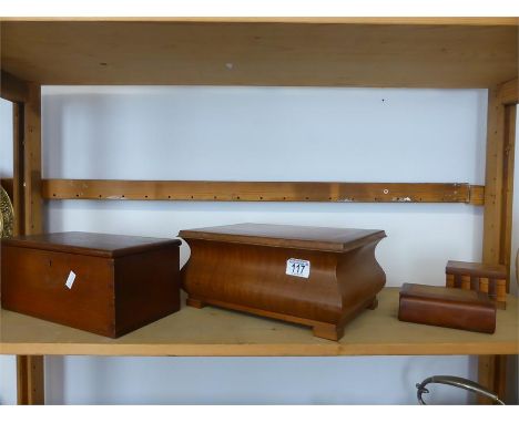 INLAID MAHOGANY JEWELLERY BOX plus another, a book-shaped money box and a small trinket box (4)