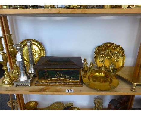 COLLECTION OF VICTORIAN, ART NOUVEAU AND ARTS AND CRAFTS BRASSWARE including alms dish, crumb scoop, trivet, King of Diamonds