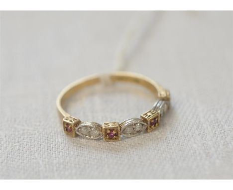 9ct GOLD RUBY AND DIAMOND HALF HOOP DRESS RING, size O