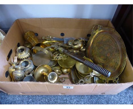 LARGE COLLECTION OF VICTORIAN AND LATER BRASSWARE including warming pan, trivet, candlesticks, tea service, trays, jugs etc (