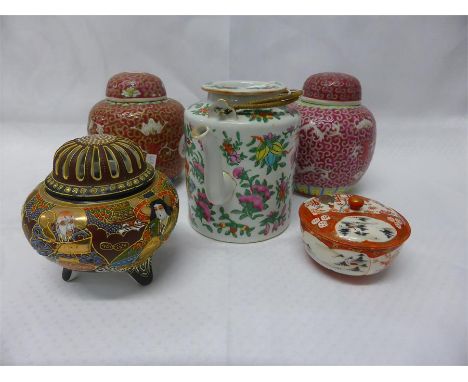 COLLECTION OF CHINESE AND SATSUMA WARES comprising famille rose teapot, pair of ginger jars with covers, Satsuma pot pourri a